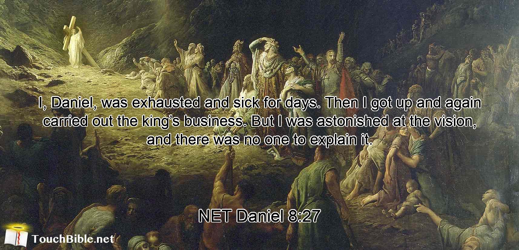 I, Daniel, was exhausted  and sick for days. Then I got up and again carried out the king’s business. But I was astonished at the vision, and there was no one to explain it.
