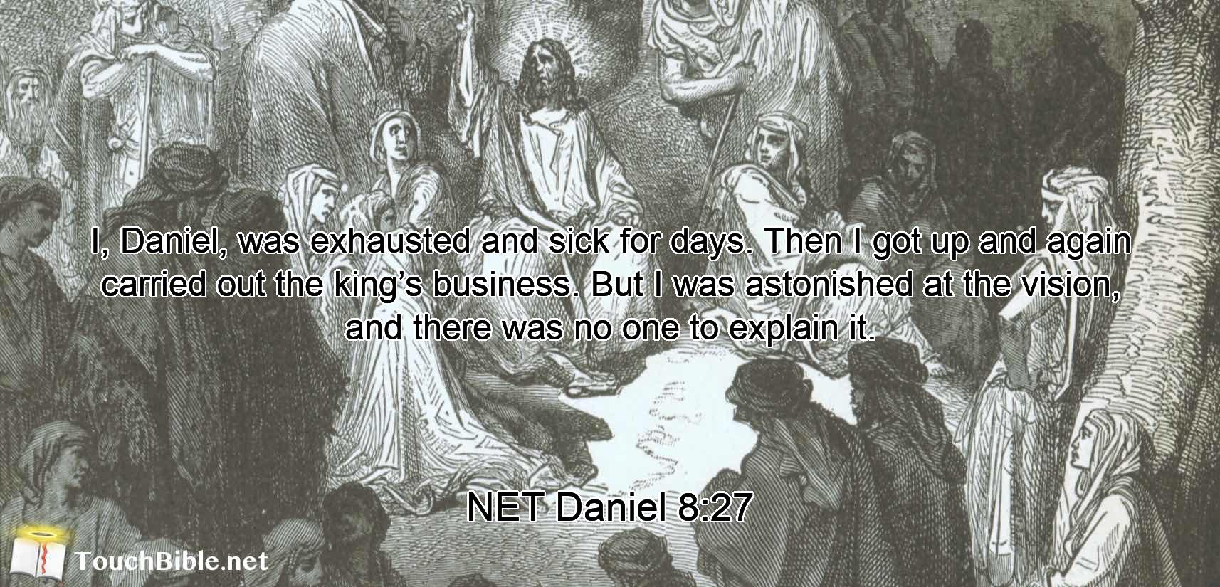 I, Daniel, was exhausted  and sick for days. Then I got up and again carried out the king’s business. But I was astonished at the vision, and there was no one to explain it.