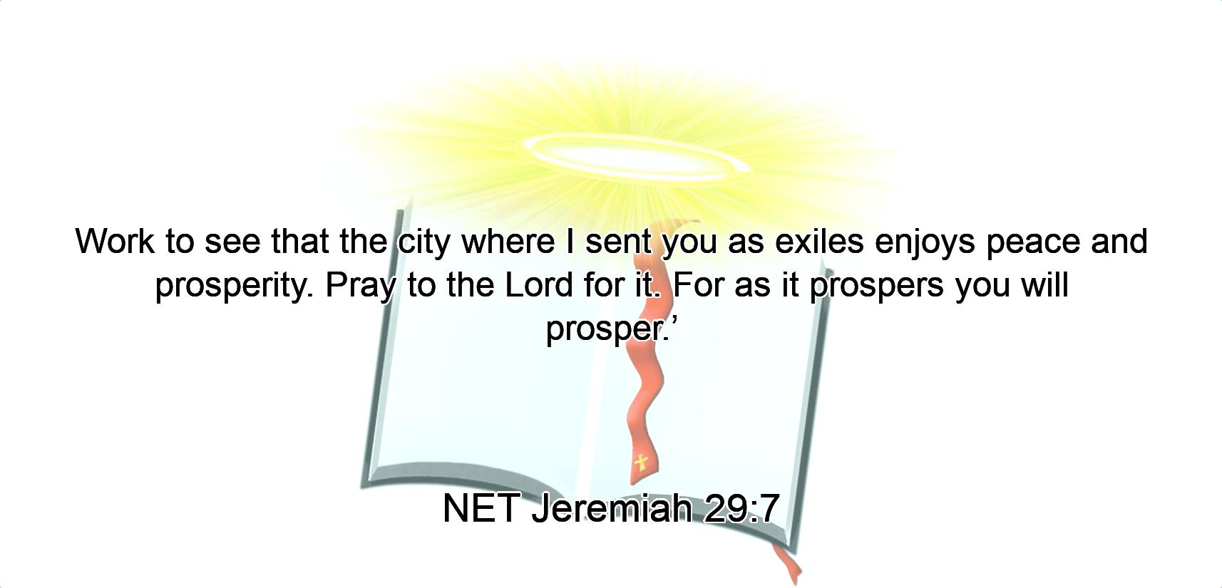 Work to see that the city where I sent you as exiles enjoys peace and prosperity. Pray to the Lord for it. For as it prospers you will prosper.’