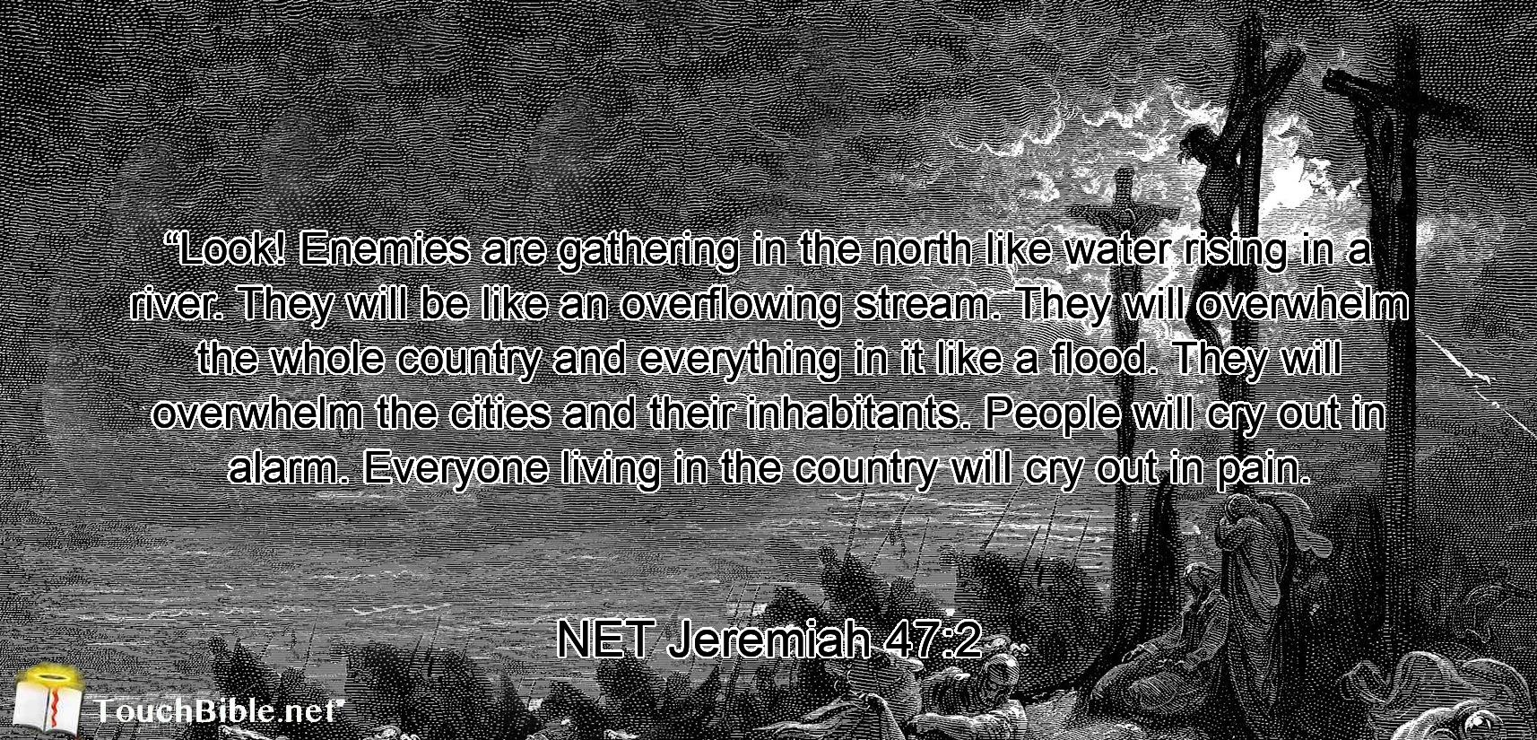 “Look! Enemies are gathering in the north like water rising in a river.  They will be like an overflowing stream. They will overwhelm the whole country and everything in it like a flood. They will overwhelm the cities and their inhabitants. People will cry out in alarm. Everyone living in the country will cry out in pain.