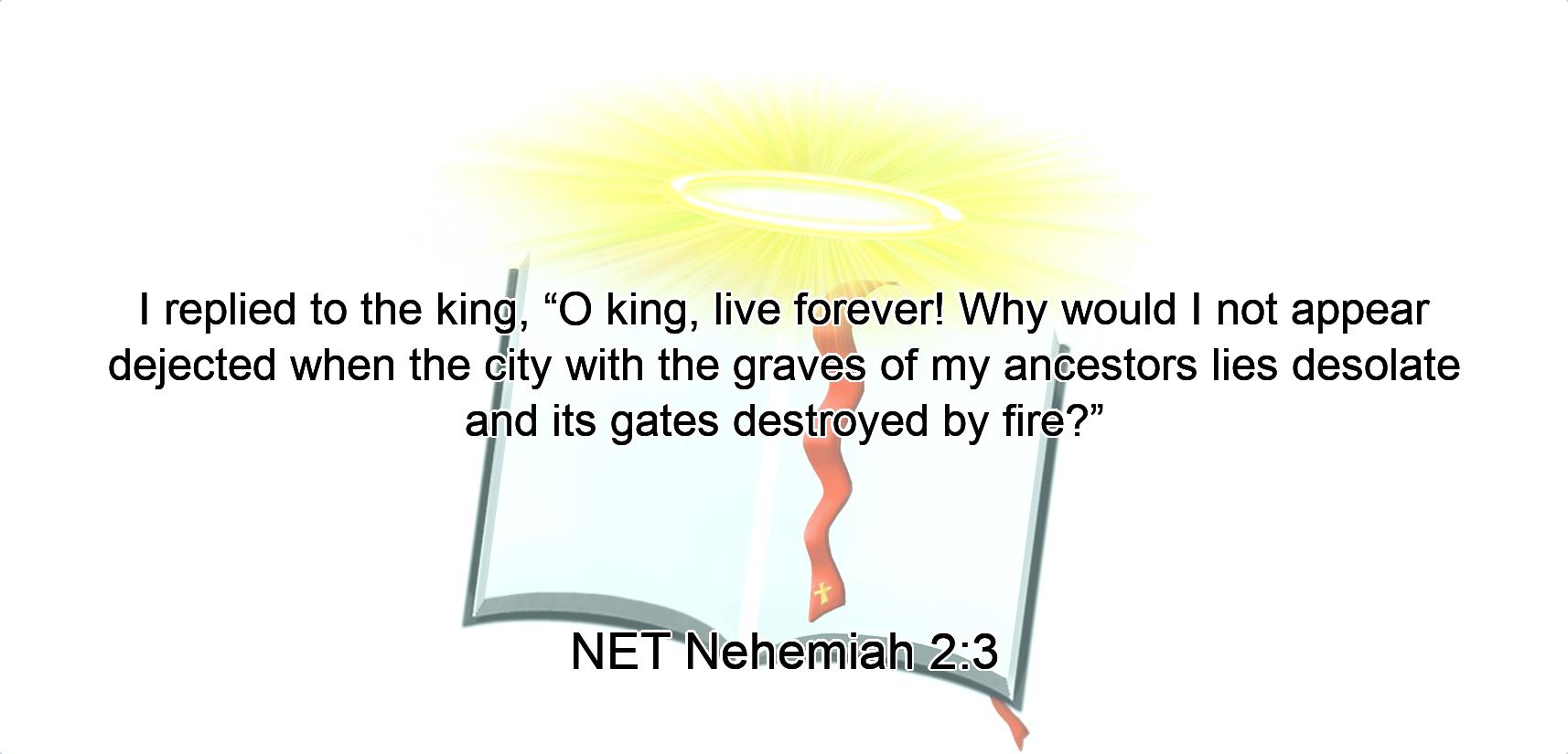 I replied to the king, “O king, live forever! Why would I not appear dejected when the city with the graves of my ancestors  lies desolate and its gates destroyed  by fire?”