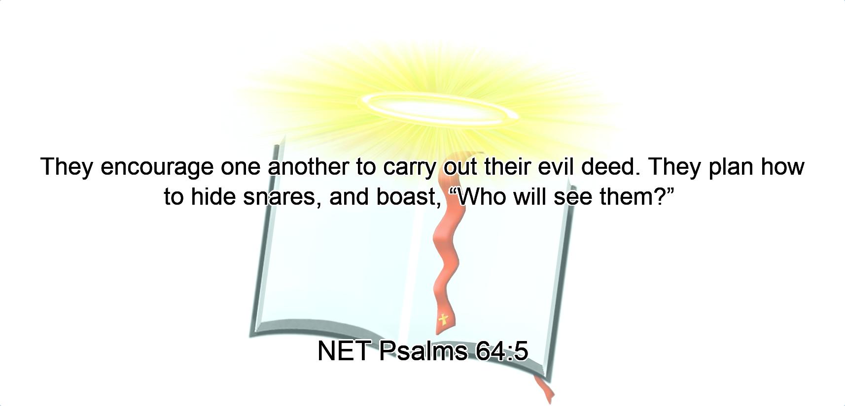 They encourage one another to carry out their evil deed.  They plan how to hide  snares, and boast,  “Who will see them?” 